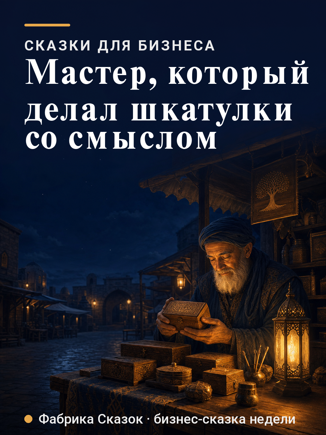 Мастер со шкатулкой у тёплого фонаря на ночной торговой площади